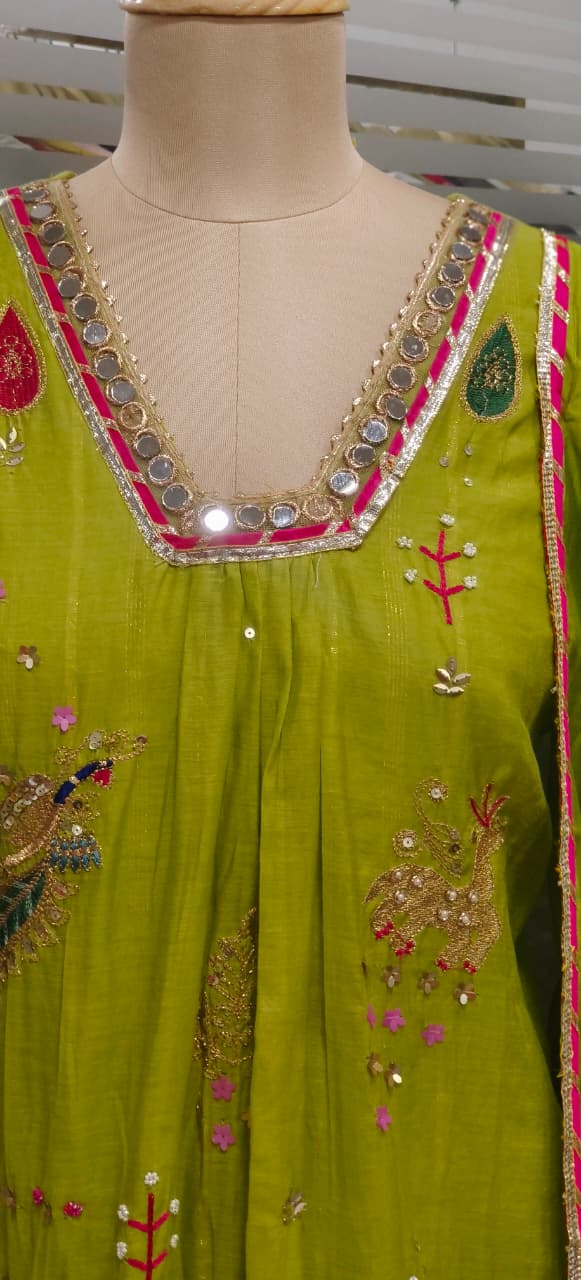 Beautiful Real Mirror V-Neck Embroidered Full Suit Set With Dupatta In Mul Chanderi Fabric- 10795, 10796
