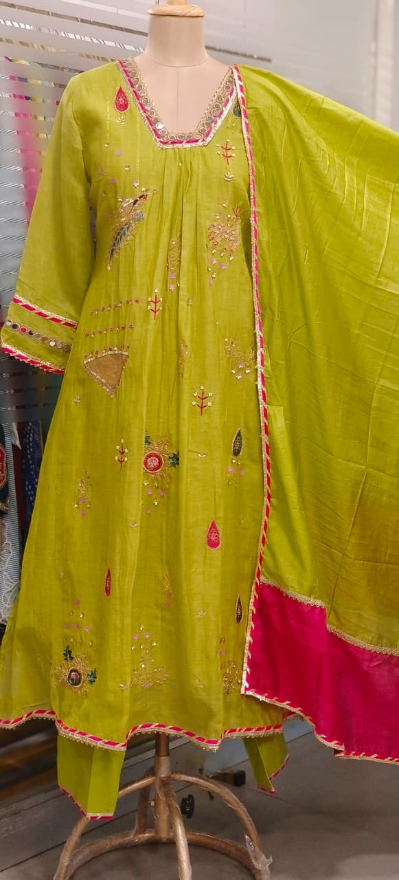 Beautiful Real Mirror V-Neck Embroidered Full Suit Set With Dupatta In Mul Chanderi Fabric- 10795, 10796