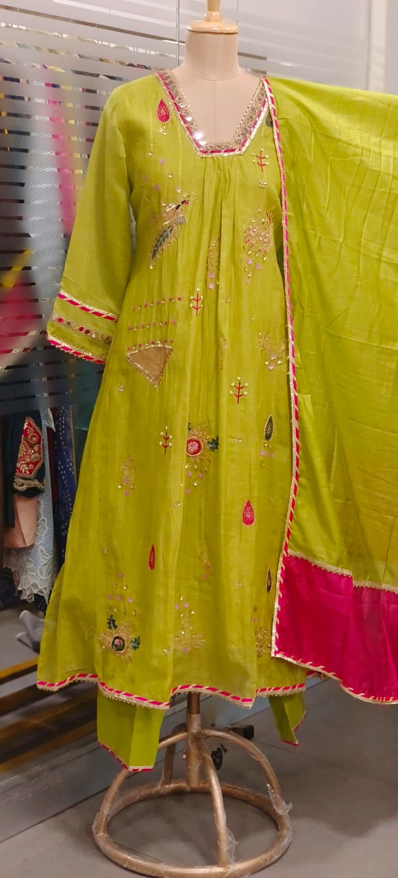 Beautiful Real Mirror V-Neck Embroidered Full Suit Set With Dupatta In Mul Chanderi Fabric- 10795, 10796