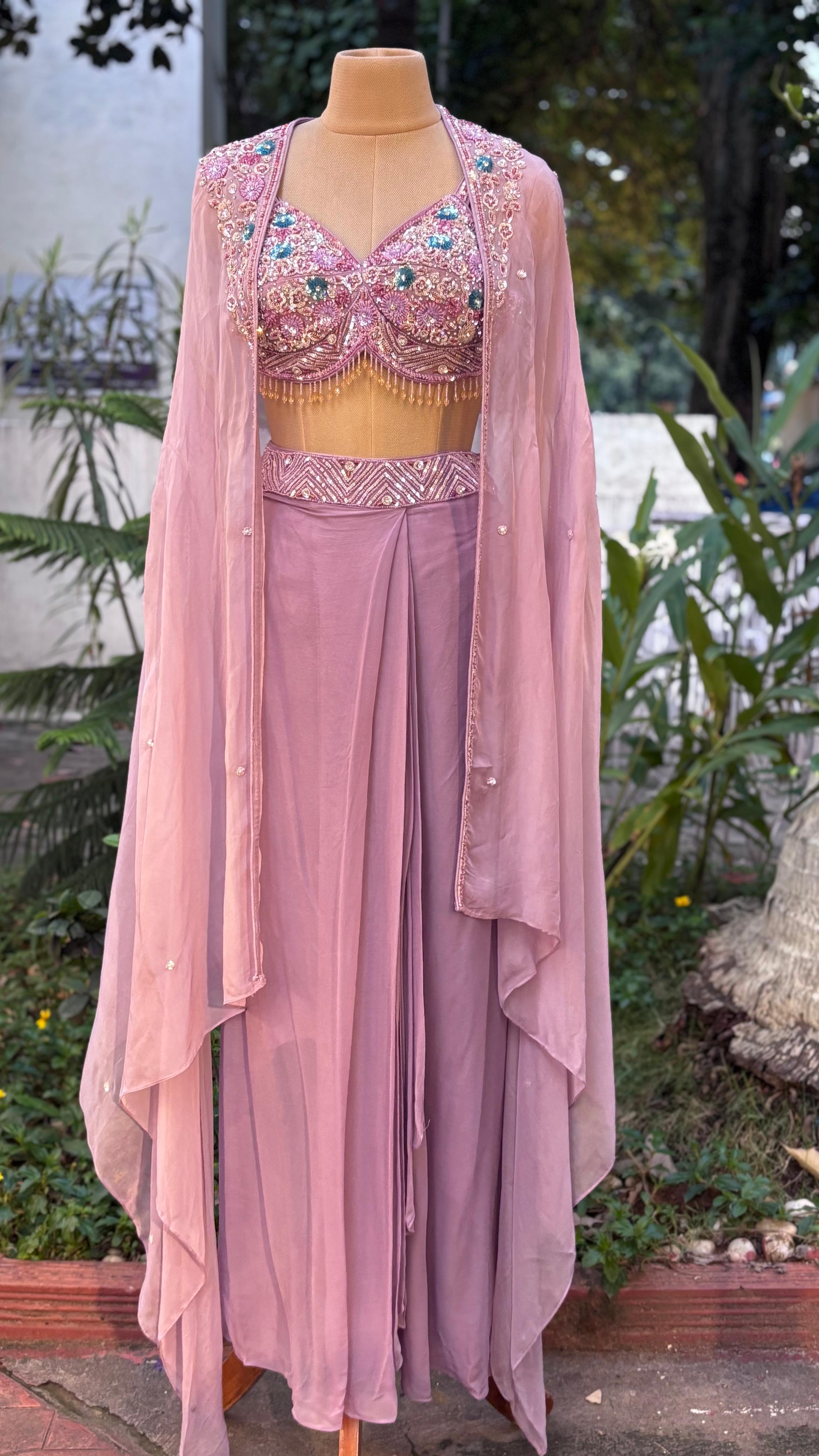 Tiny Pearls With Foil & Crystal Tassel Crop Top & Drape Skirt With Shrug Style Cape- 11505
