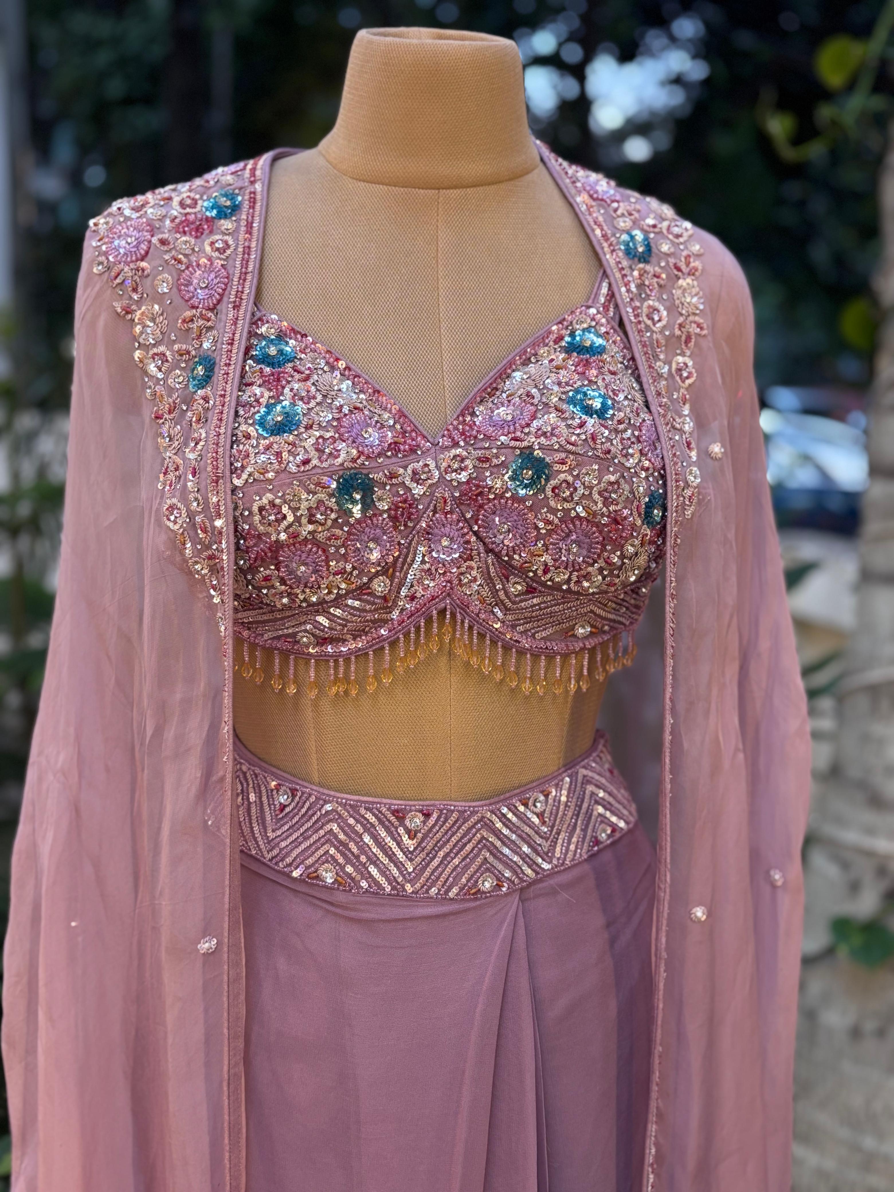 Tiny Pearls With Foil & Crystal Tassel Crop Top & Drape Skirt With Shrug Style Cape- 11505