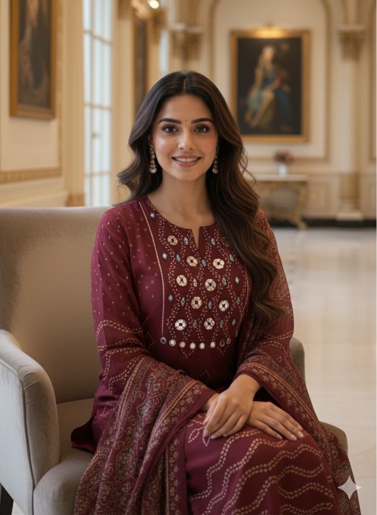 Beautiful Foil Mirror Work Tasselled Full Suit With Ajrak Print Dupatta In Crepe Fabric