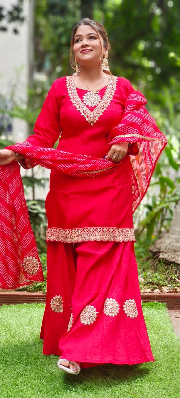 Beautiful Neck Line Front Work A-Line Russian Silk Full Suit Set With Dupatta & Mul Chanderi Palazzo Bottom (Loose Fit)- 11827