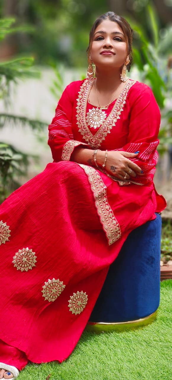 Beautiful Neck Line Front Work A-Line Russian Silk Full Suit Set With Dupatta & Mul Chanderi Palazzo Bottom (Loose Fit)- 11827