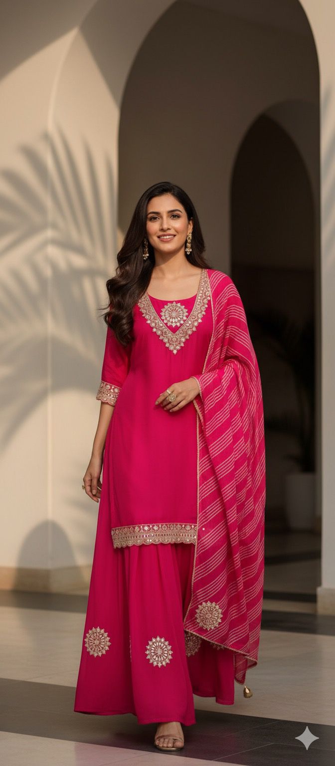 Beautiful Neck Line Front Work A-Line Russian Silk Full Suit Set With Dupatta & Mul Chanderi Palazzo Bottom (Loose Fit)- 11827