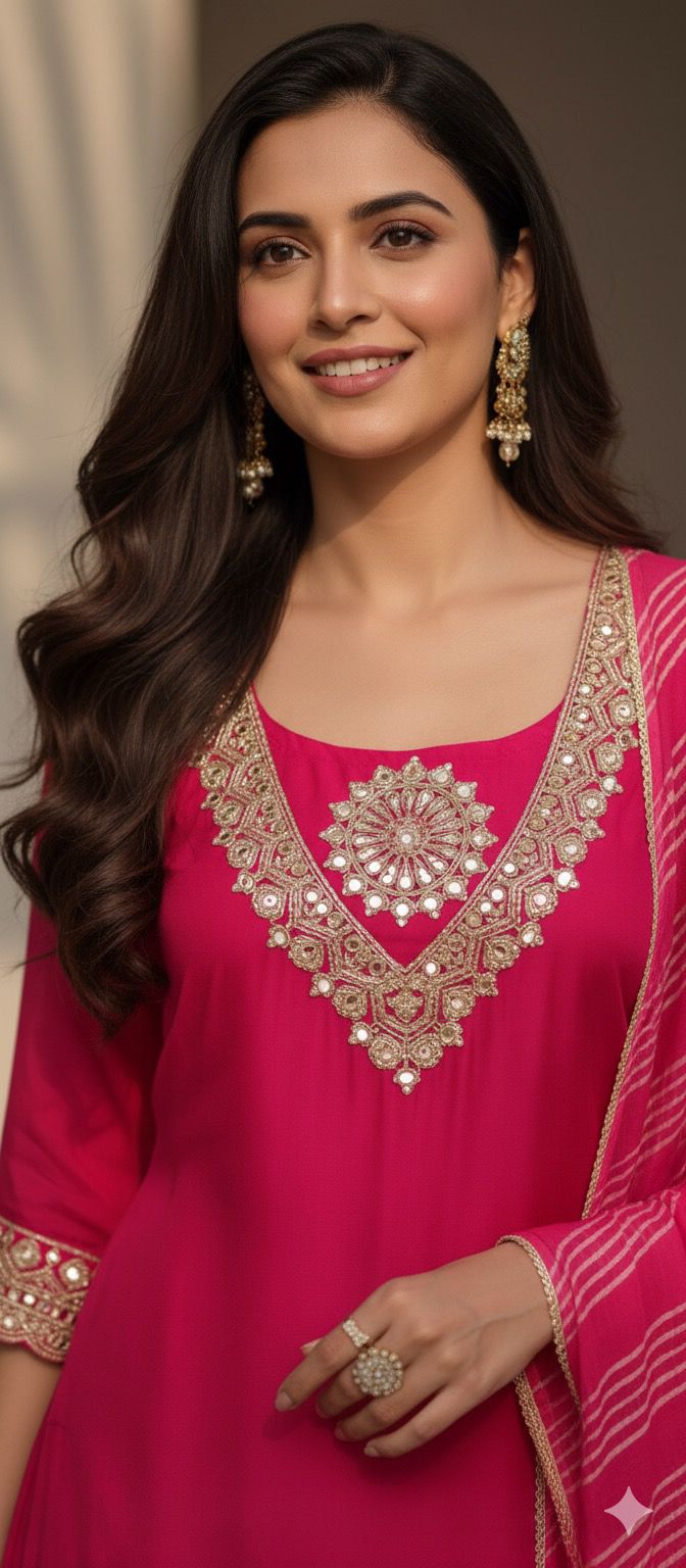 Beautiful Neck Line Front Work A-Line Russian Silk Full Suit Set With Dupatta & Mul Chanderi Palazzo Bottom (Loose Fit)- 11827