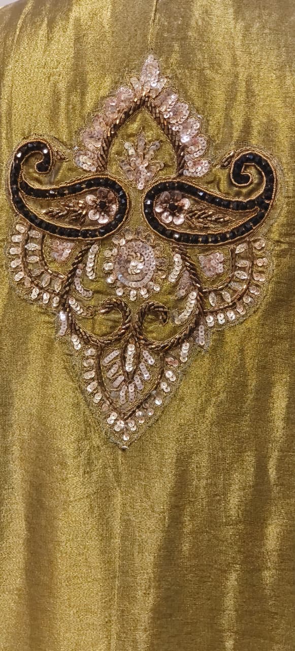 Rich Pure Tissue Fabric Kurta in Metallic Tone with Mirror and Thread Embroidery and Delicate Tassel Border