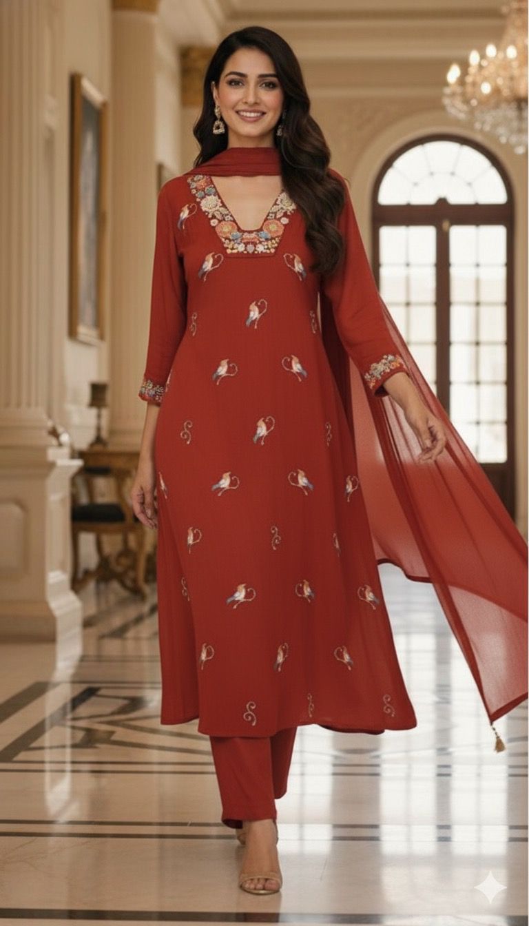 Crush Cotton Fabric Long Kurta With Thread Embroidery, Floral Yoke Design and Bird Patterns Full Set- 11471, 11470