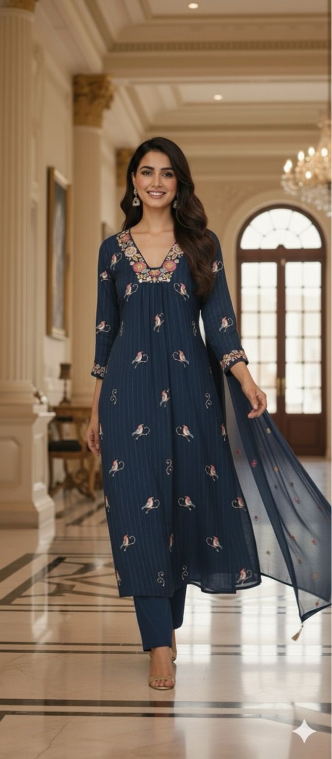 Crush Cotton Fabric Long Kurta With Thread Embroidery, Floral Yoke Design and Bird Patterns Full Set- 11471, 11470