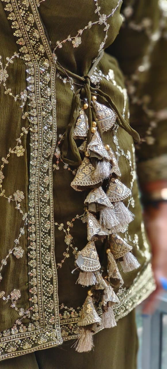 Embroidered Chinon Fabric Angrakha Style Top With Loose Bottom Kurta Set With Tassel Detailing Full Suit Set-12133,34,35