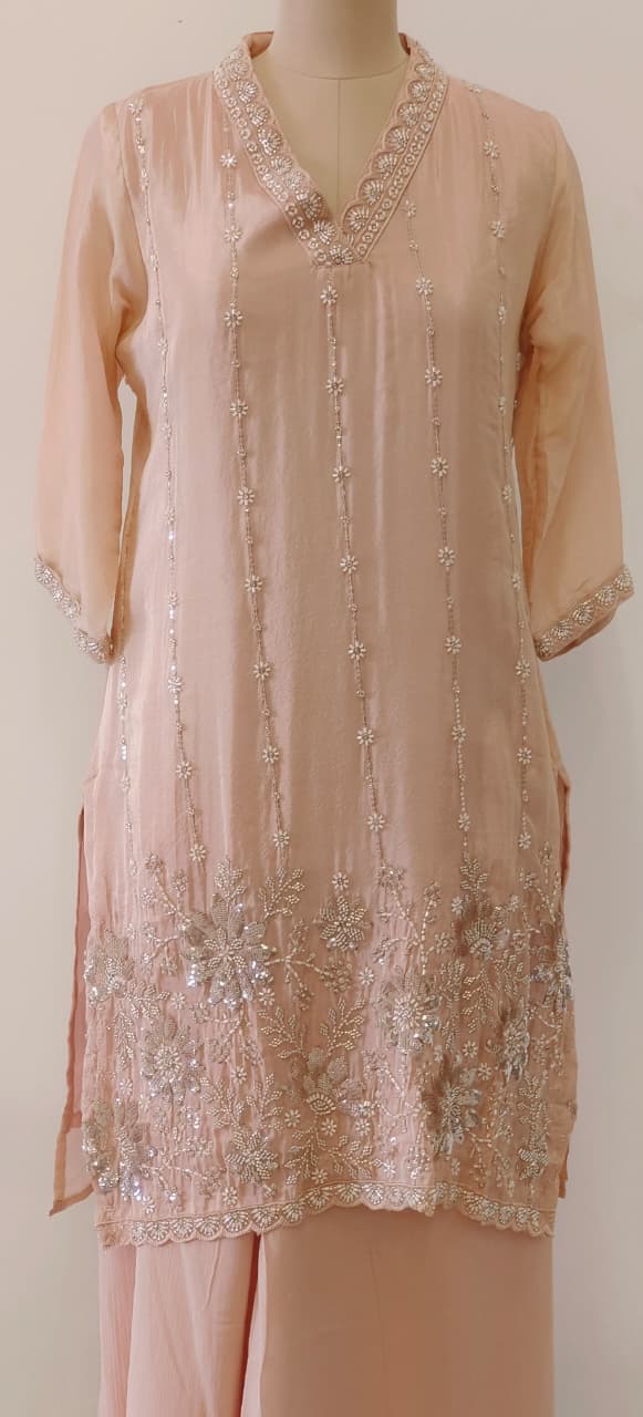 Shimmer Tissue Kurta with Loose Palazo Set with Hand Embellished Floral Hemline and V-Neck Detailing Full Set- 12131, 12130, 12129