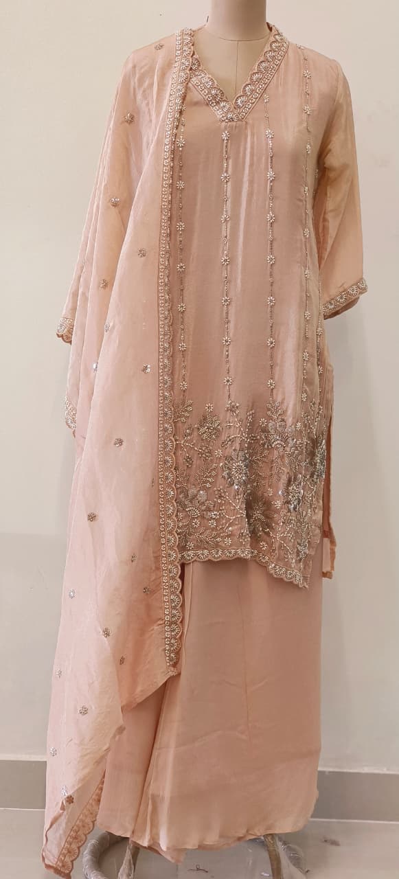 Shimmer Tissue Kurta with Loose Palazo Set with Hand Embellished Floral Hemline and V-Neck Detailing Full Set- 12131, 12130, 12129