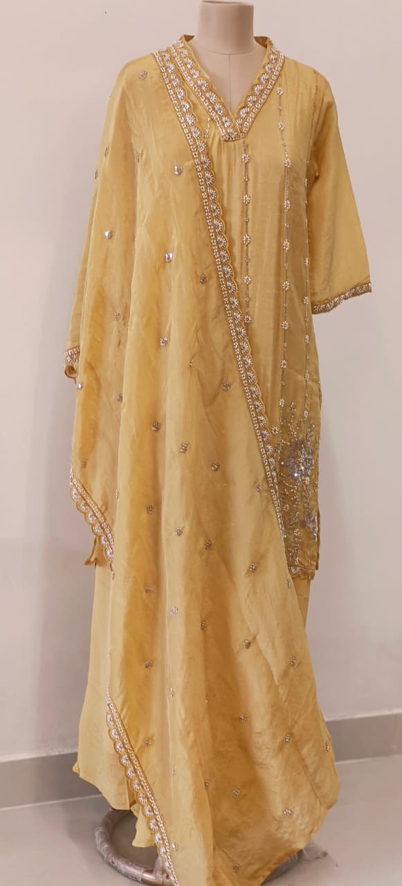 Shimmer Tissue Kurta with Loose Palazo Set with Hand Embellished Floral Hemline and V-Neck Detailing Full Set- 12131, 12130, 12129