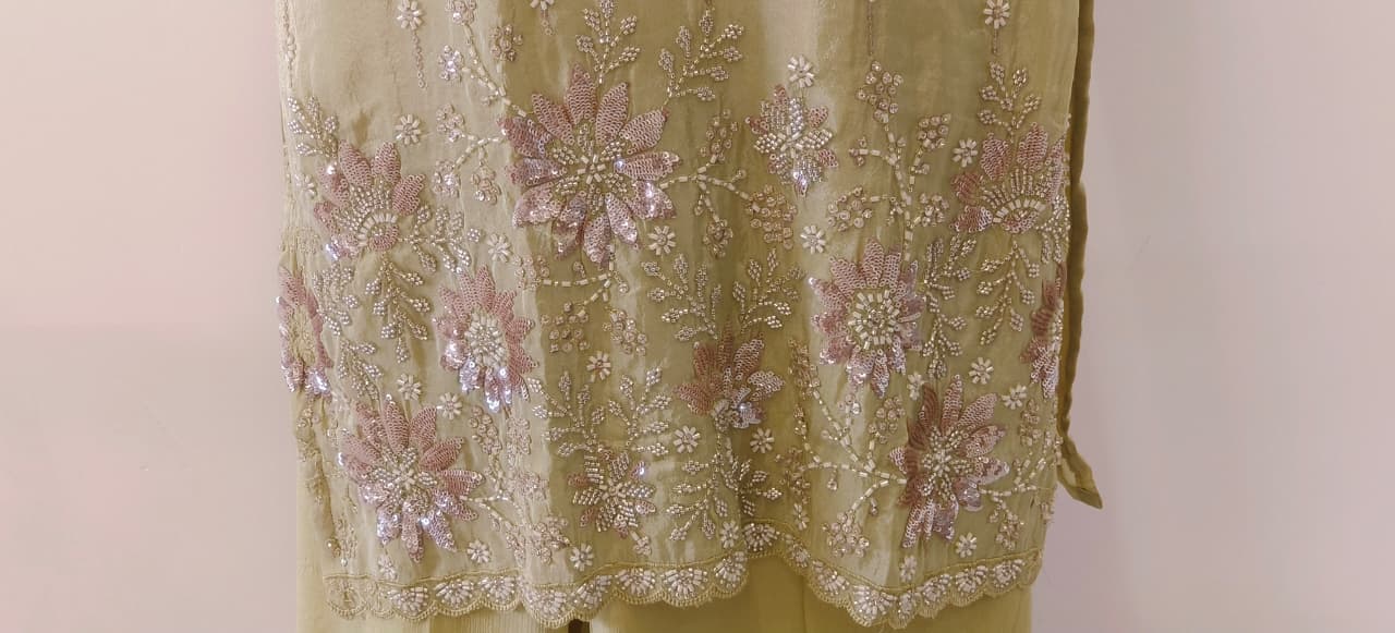 Shimmer Tissue Kurta with Loose Palazo Set with Hand Embellished Floral Hemline and V-Neck Detailing Full Set- 12131, 12130, 12129