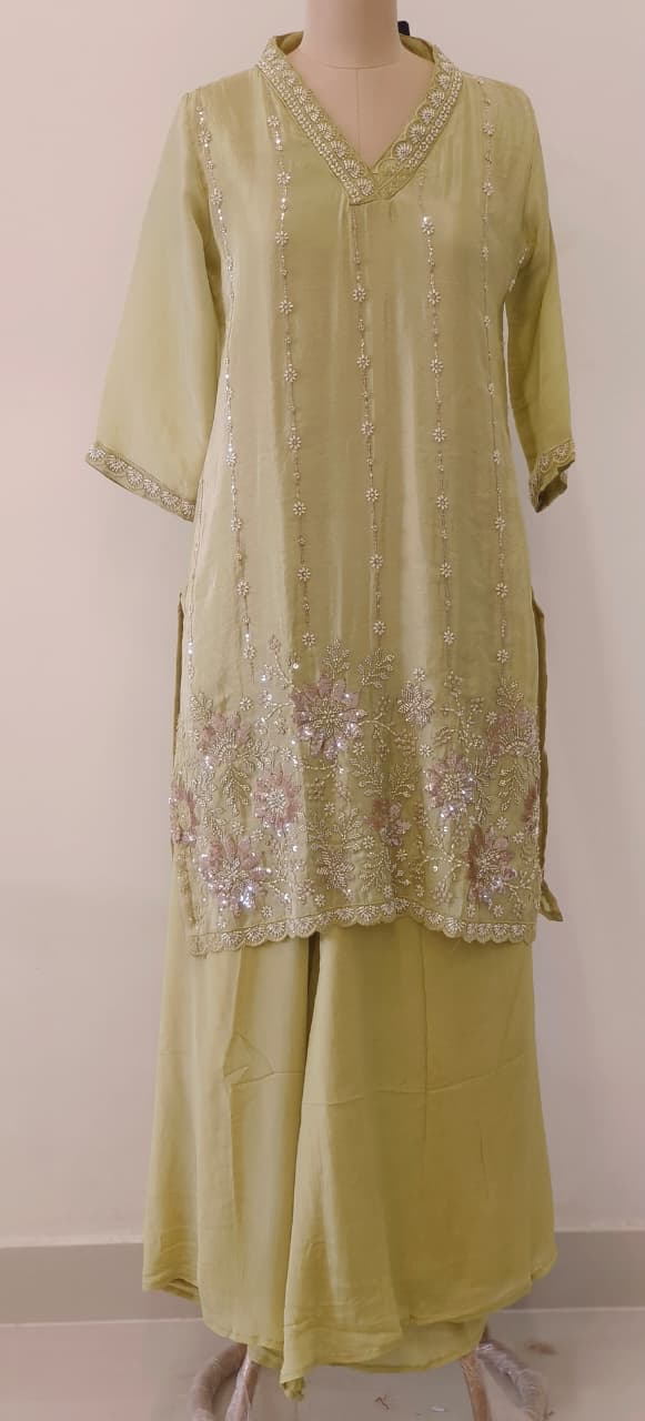 Shimmer Tissue Kurta with Loose Palazo Set with Hand Embellished Floral Hemline and V-Neck Detailing Full Set- 12131, 12130, 12129