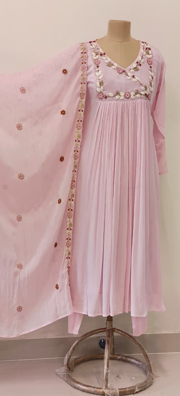 Very Elegant Decent Thread Embroidered Chinon Anarkali Full Suit Set With Dupatta- 11211