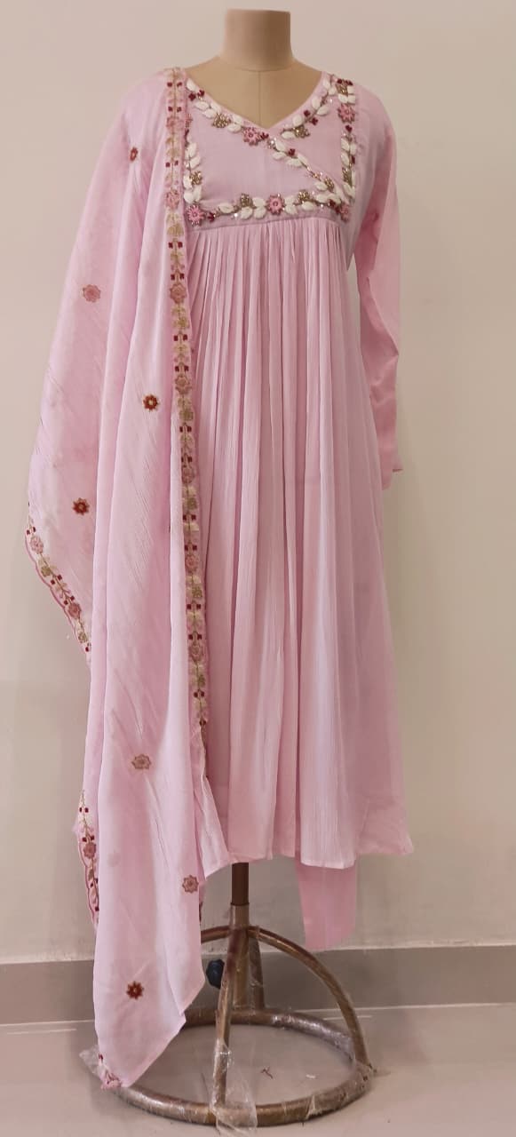 Very Elegant Decent Thread Embroidered Chinon Anarkali Full Suit Set With Dupatta- 11211