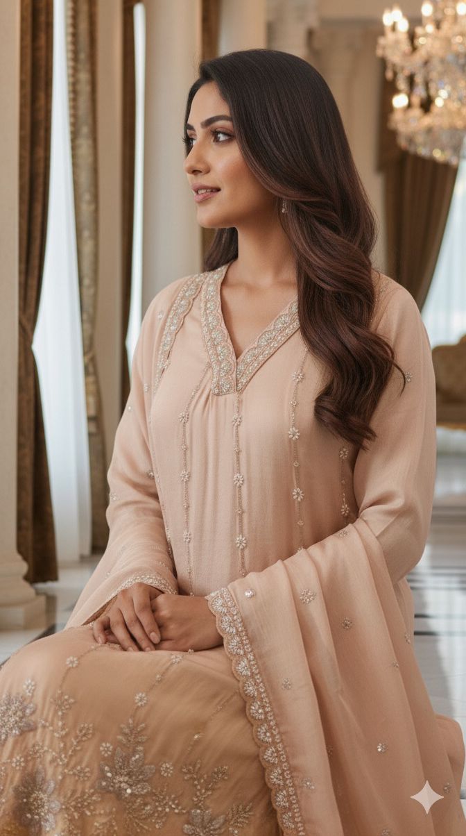 Shimmer Tissue Kurta with Loose Palazo Set with Hand Embellished Floral Hemline and V-Neck Detailing Full Set- 12131, 12130, 12129