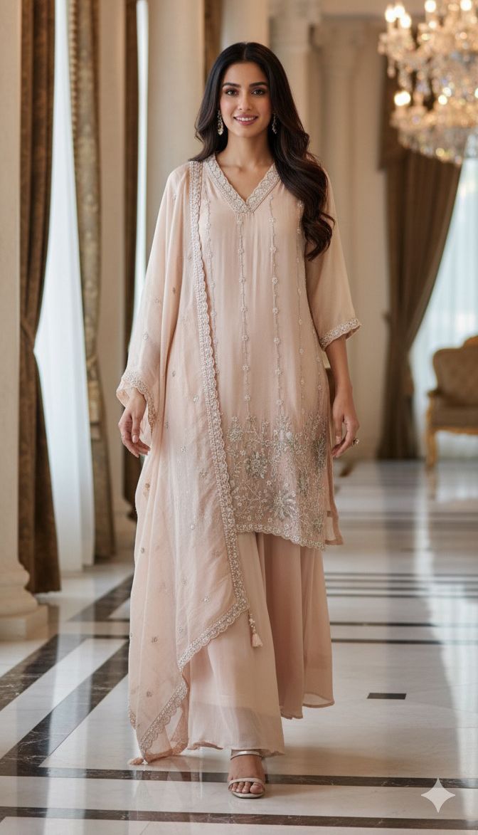 Shimmer Tissue Kurta with Loose Palazo Set with Hand Embellished Floral Hemline and V-Neck Detailing Full Set- 12131, 12130, 12129