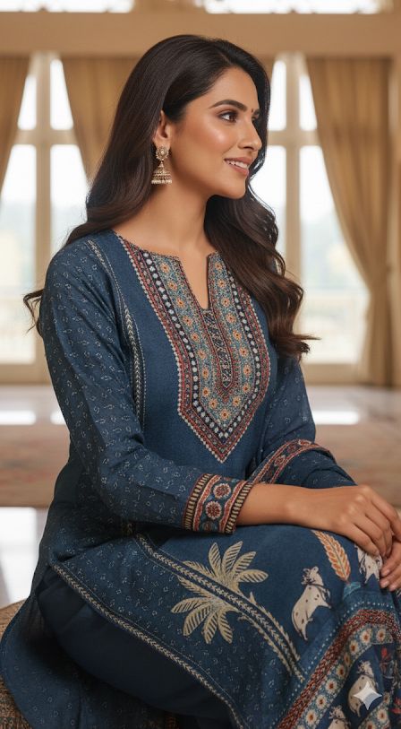 Designer Crepe Suit in Deep Blue Shade Adorned with Sacred Cow Figures and Heritage Prints-12082
