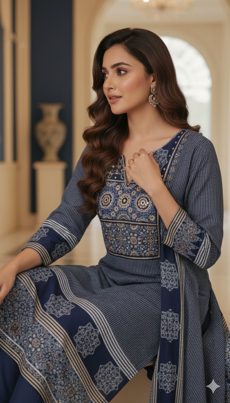 Striped Abstract Print Full Suit Set With Dupatta In Crepe Fabric- 12112