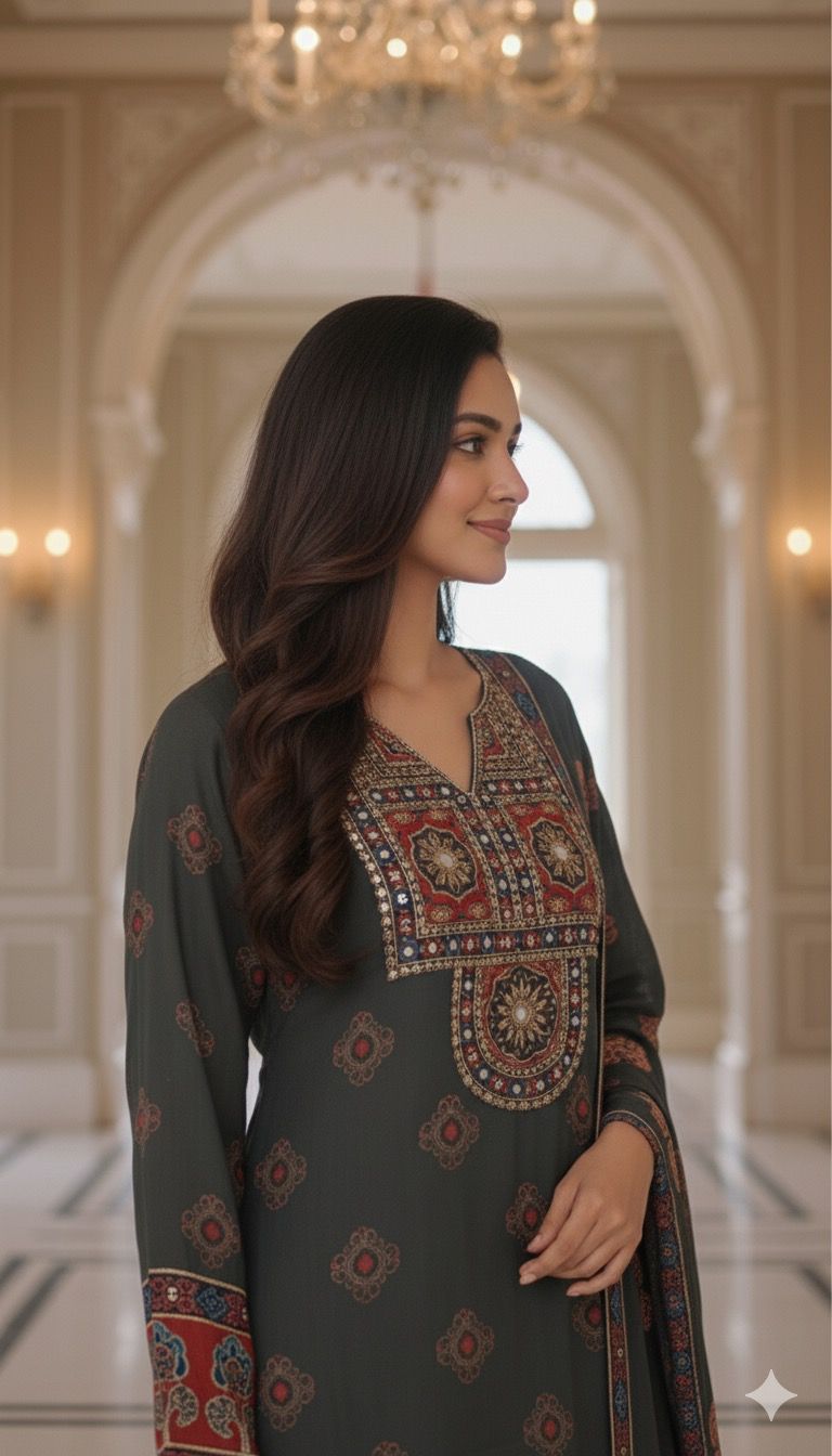 Foil Mirror Upwork Floral Print Full Suit Set With Dupatta In Crepe Fabric- 12110