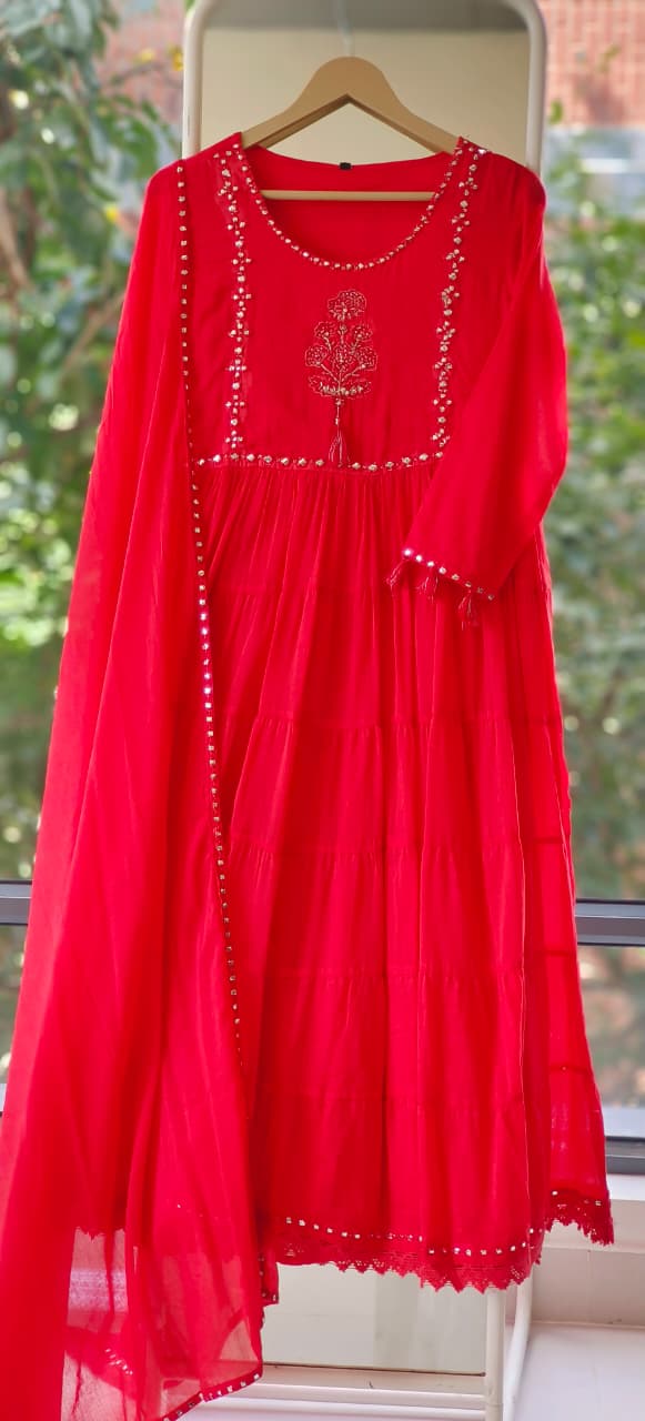 Foil Mirror Mal Cotton Embroidered Frill Anarkali Style Full Suit Set With Dupatta-12176,12177