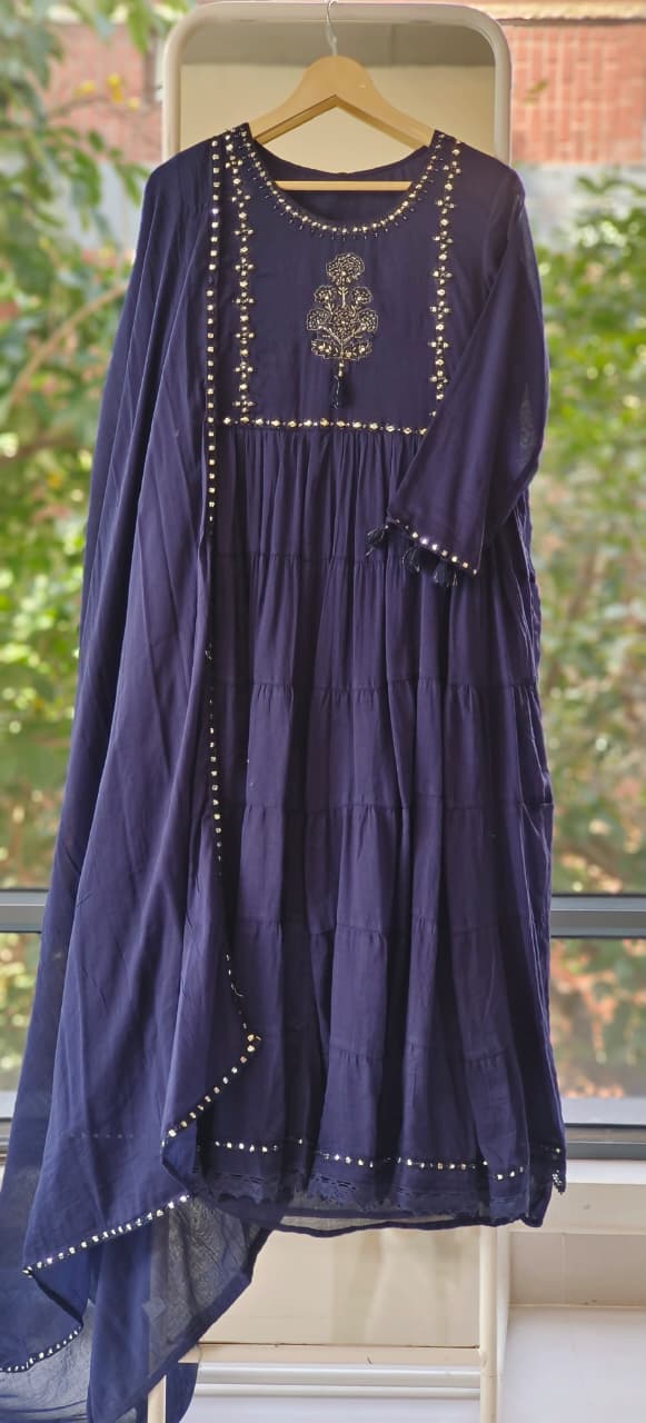 Foil Mirror Mal Cotton Embroidered Frill Anarkali Style Full Suit Set With Dupatta-12176,12177