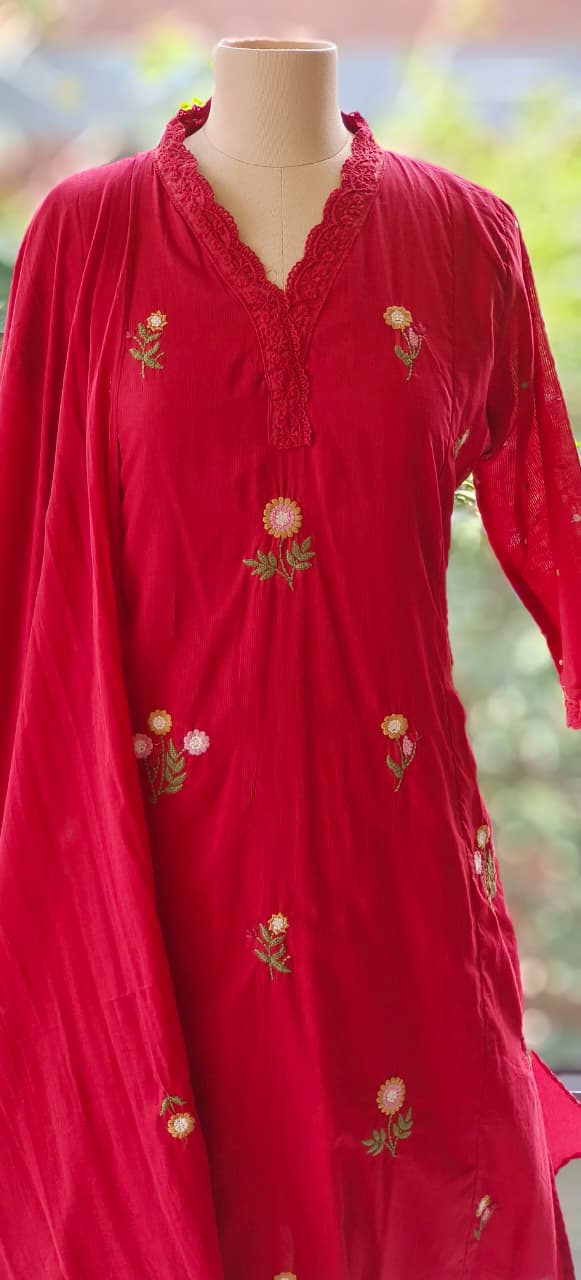 Premium Cotton Fabric Full Suit with Intricate Thread Embroidery, Floral Lace Neck Design & Matching Bottom and Dupatta-12174,12172,12175,12173 Dispatching From Monday