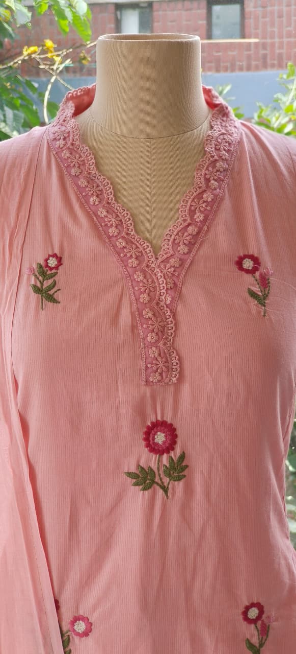 Premium Cotton Fabric Full Suit with Intricate Thread Embroidery, Floral Lace Neck Design & Matching Bottom and Dupatta-12174,12172,12175,12173 Dispatching From Monday