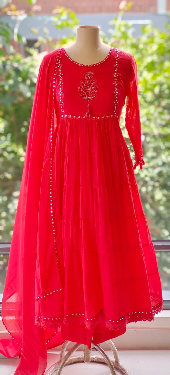 Foil Mirror Mal Cotton Embroidered Frill Anarkali Style Full Suit Set With Dupatta-12176,12177