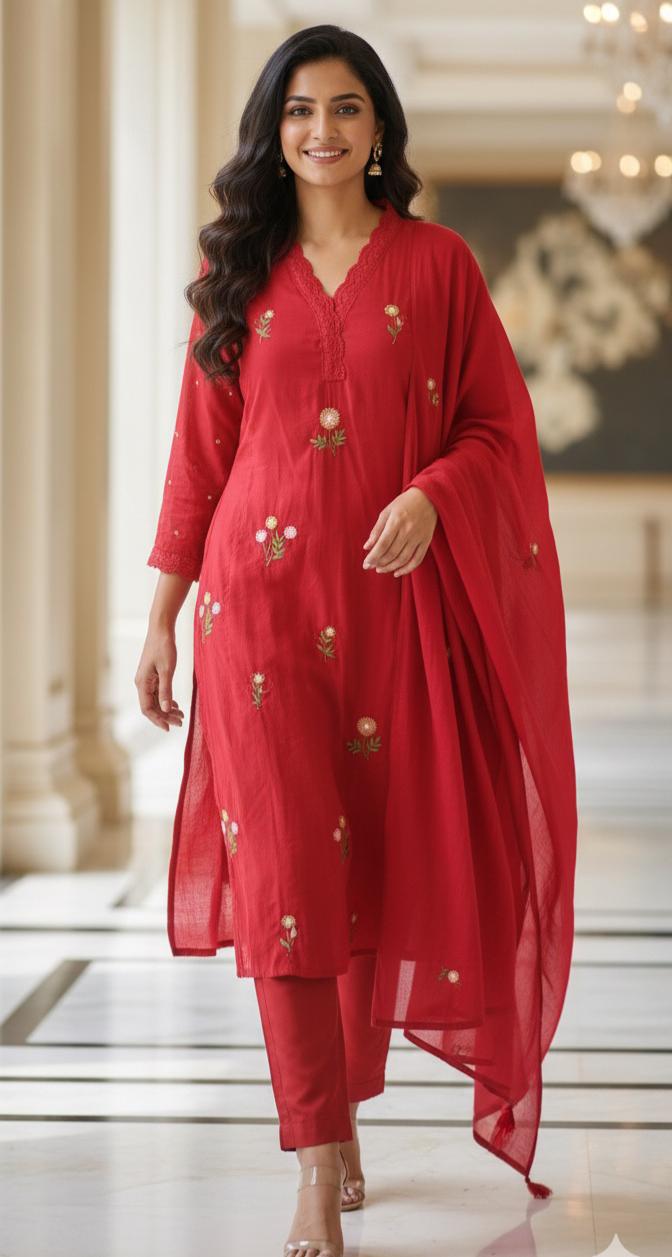 Premium Cotton Fabric Full Suit with Intricate Thread Embroidery, Floral Lace Neck Design & Matching Bottom and Dupatta-12174,12172,12175,12173 Dispatching From Monday