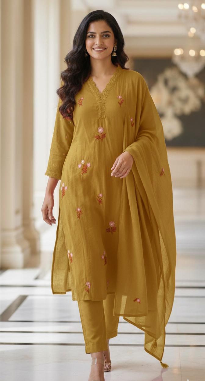 Premium Cotton Fabric Full Suit with Intricate Thread Embroidery, Floral Lace Neck Design & Matching Bottom and Dupatta-12174,12172,12175,12173 Dispatching From Monday