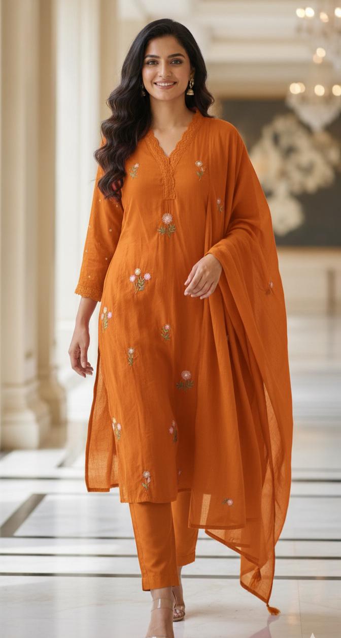 Premium Cotton Fabric Full Suit with Intricate Thread Embroidery, Floral Lace Neck Design & Matching Bottom and Dupatta-12174,12172,12175,12173 Dispatching From Monday