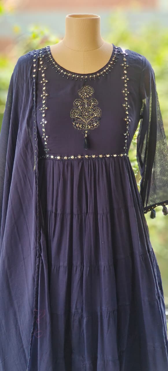 Foil Mirror Mal Cotton Embroidered Frill Anarkali Style Full Suit Set With Dupatta-12176,12177