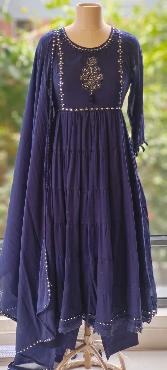 Foil Mirror Mal Cotton Embroidered Frill Anarkali Style Full Suit Set With Dupatta-12176,12177