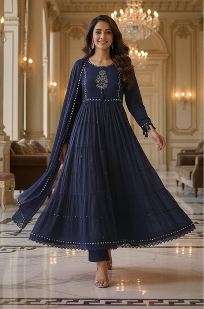 Foil Mirror Mal Cotton Embroidered Frill Anarkali Style Full Suit Set With Dupatta-12176,12177
