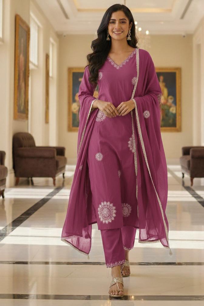 Embroidered Neck Foil Mirror Work Mall Cotton Pure Full Suit Set-12181