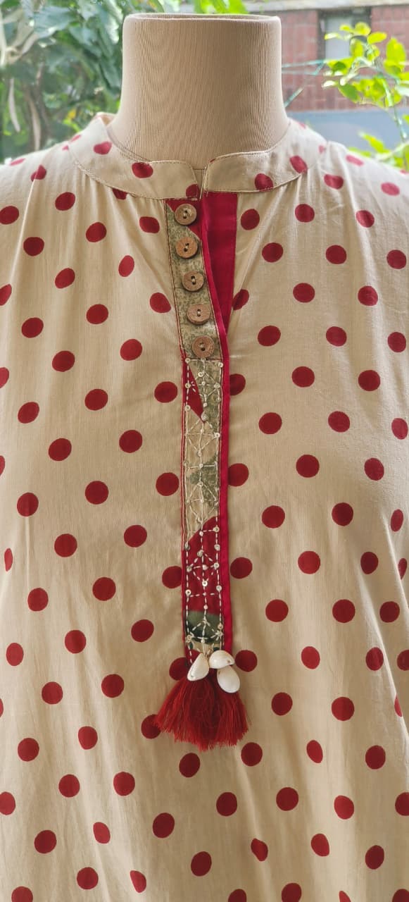 Pure Cotton Polka Dot Cotton Kurta With Floral Print Bottom And Dupatta  Full Set-1219