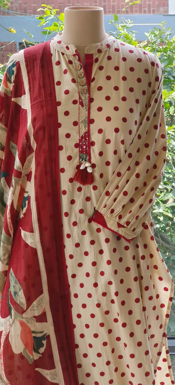 Pure Cotton Polka Dot Cotton Kurta With Floral Print Bottom And Dupatta  Full Set-1219