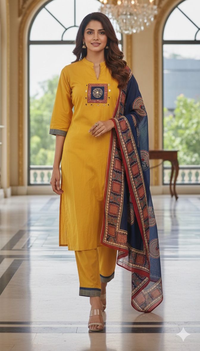 Beautiful Yoke Solid Kurta Cotton With Bottom And Printed Dupatta full set-12199