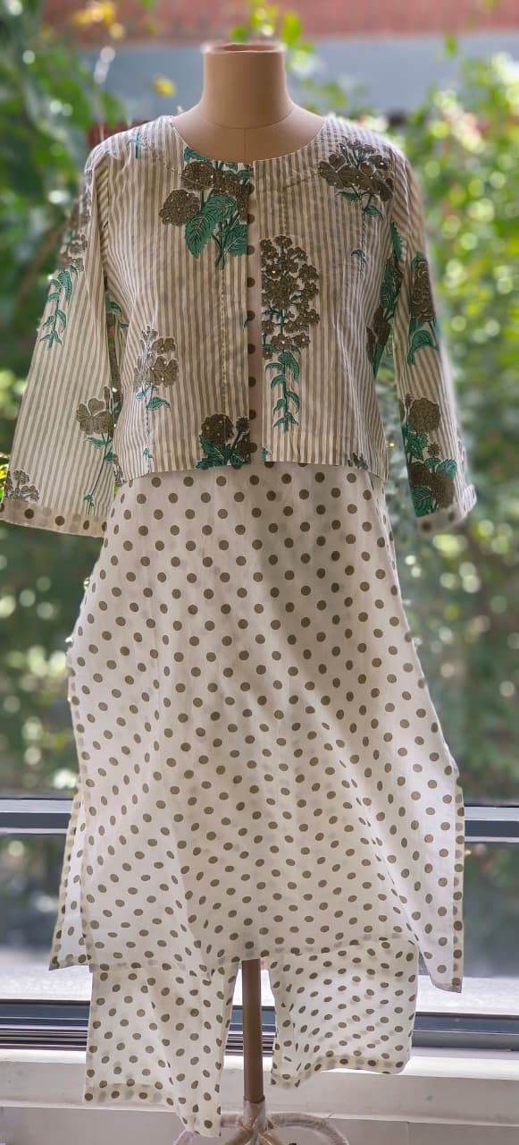 Polka Dot Cotton Kurta Pant Set with Stripe Short Jacket-12190,12189 Dispatching From Monday