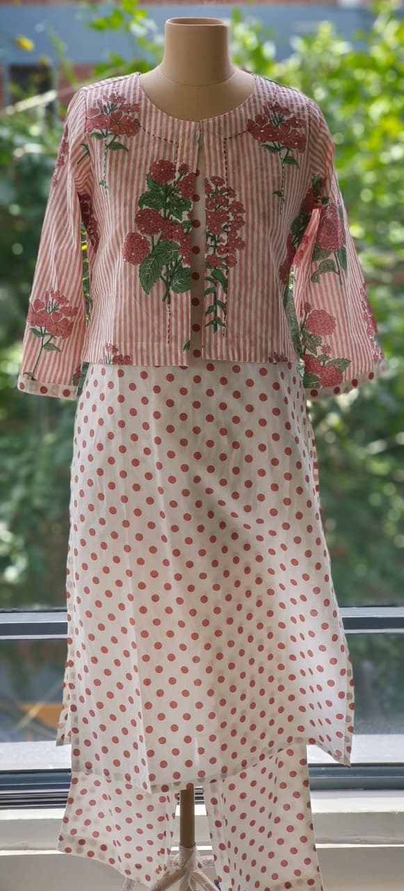 Polka Dot Cotton Kurta Pant Set with Stripe Short Jacket-12190,12189 Dispatching From Monday