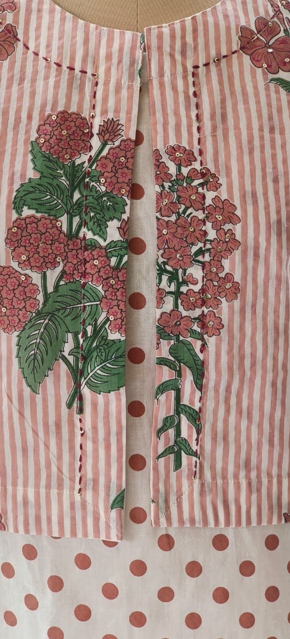 Polka Dot Cotton Kurta Pant Set with Stripe Short Jacket-12190,12189 Dispatching From Monday