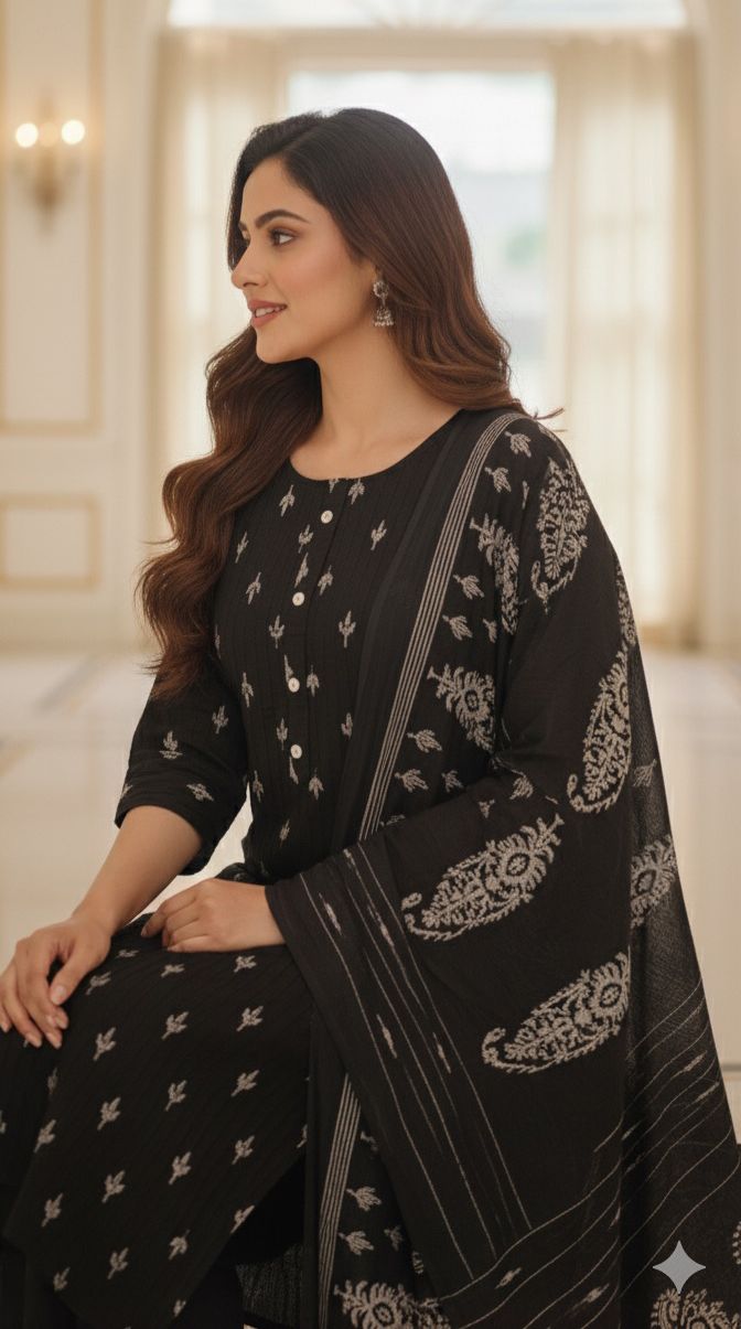 Black Printex Cotton Full Suit With Printed Dupatta-12202