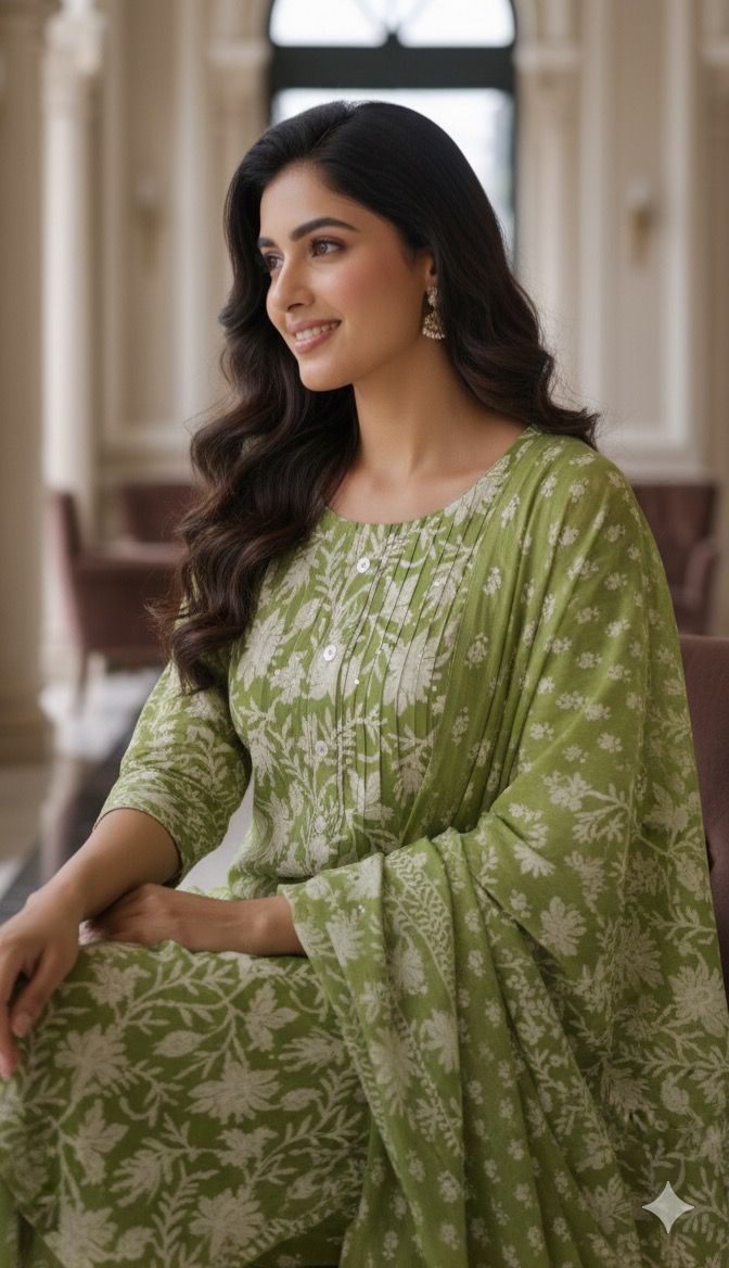Light Green Printex Summer Wear Printed cotton Kurta With Bottom And Dupatta-12201
