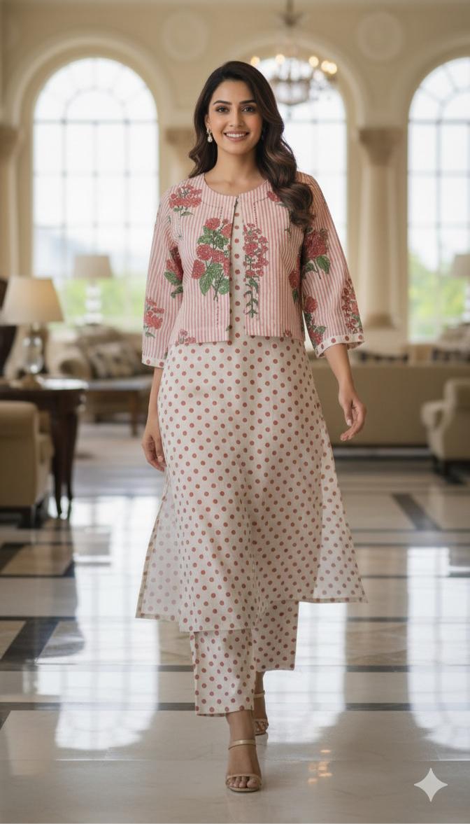 Polka Dot Cotton Kurta Pant Set with Stripe Short Jacket-12190,12189 Dispatching From Monday