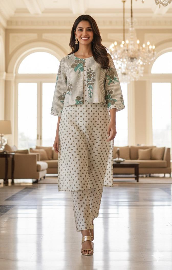 Polka Dot Cotton Kurta Pant Set with Stripe Short Jacket-12190,12189 Dispatching From Monday