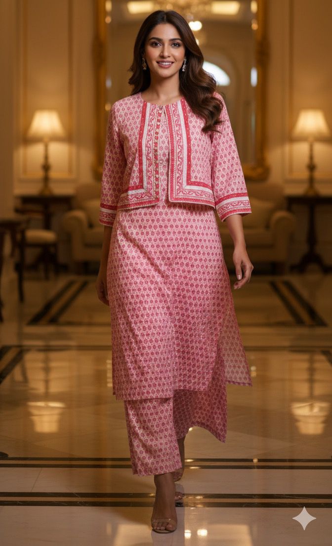 Printed Cotton Kurta Pant  Set with Cotton Short Jacket-12187,12188 Dispatching From Monday