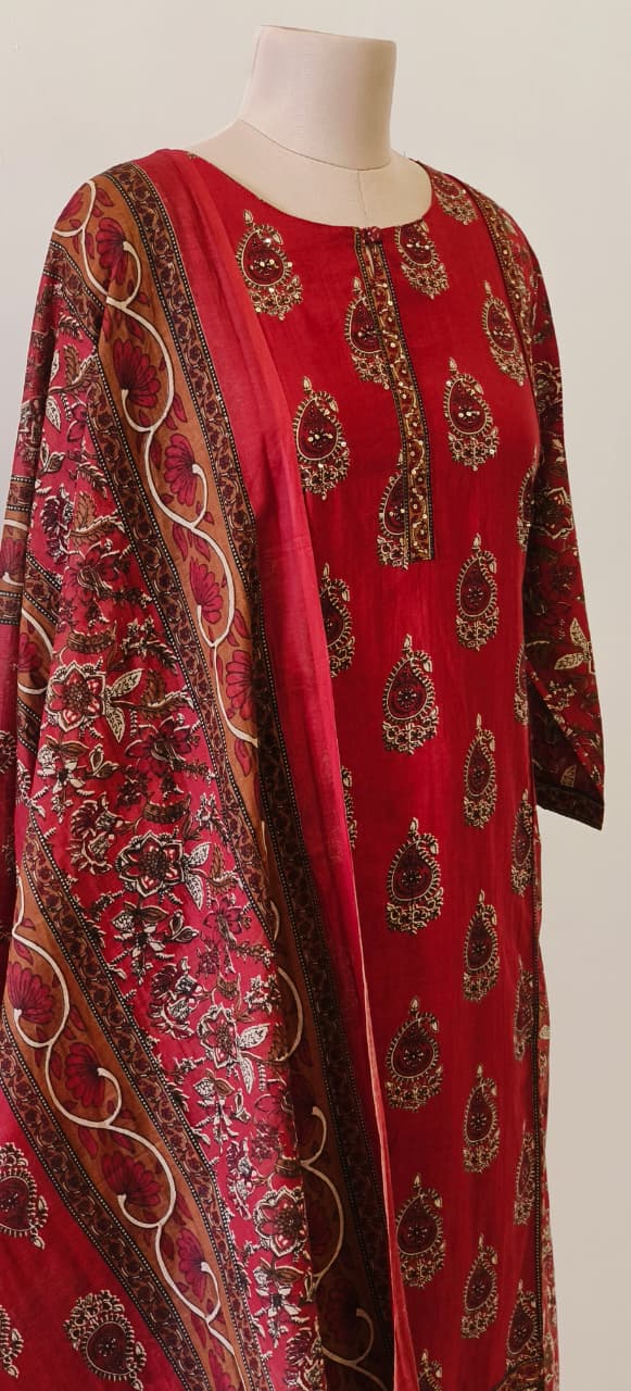 Pure Cotton Printed Suit Set with Intricate  Floral and Paisley Hand block Design Full Suit-12197